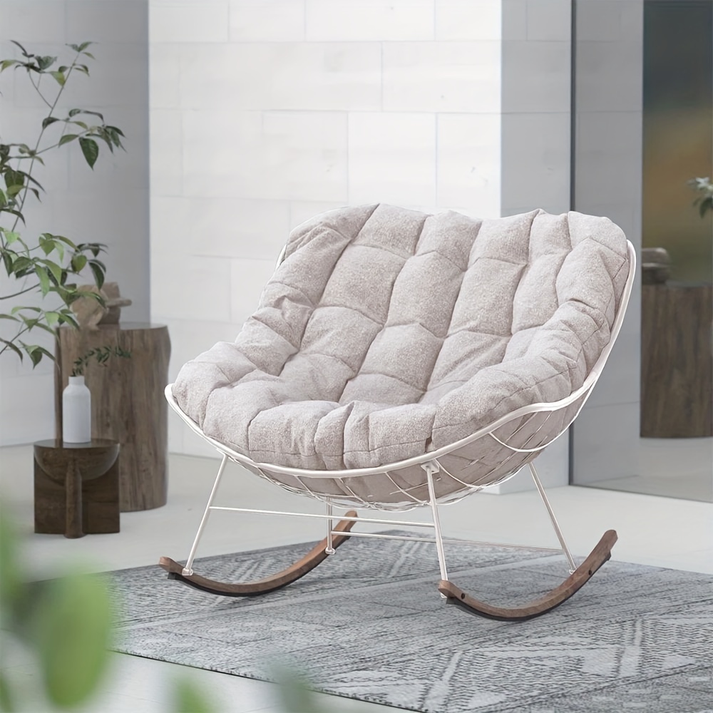 

Outdoor Rocking Chair, Patio Comfy Reading Chairs With Cushion, Indoor E-coated Rocker Egg Recliner Chair For Balcony Front Porch Room