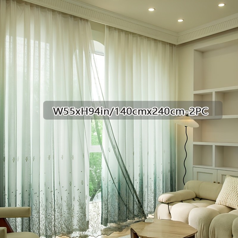 Image of 2pcs Set, Modern Minimalist Sheer Curtain, White To Blue Ombre Embroidered Window Sheer, Light Filtering Privacy Drapes For Living Room Bedroom, Hook Top, Unlined, Machine Washable