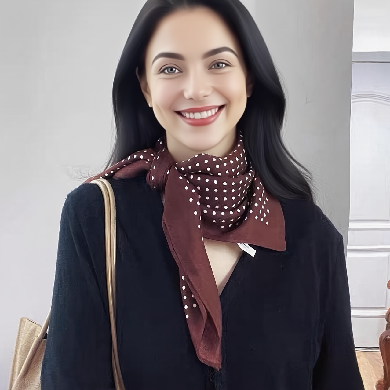 Image of Ladies' Retro Polka Dot Printed Scarf, Wine Red 27-inch Spring And Autumn Lightweight Square Scarf, Elegant Headscarf, Shawl, Headband, Daily Dressing And Gift Fashion Additions