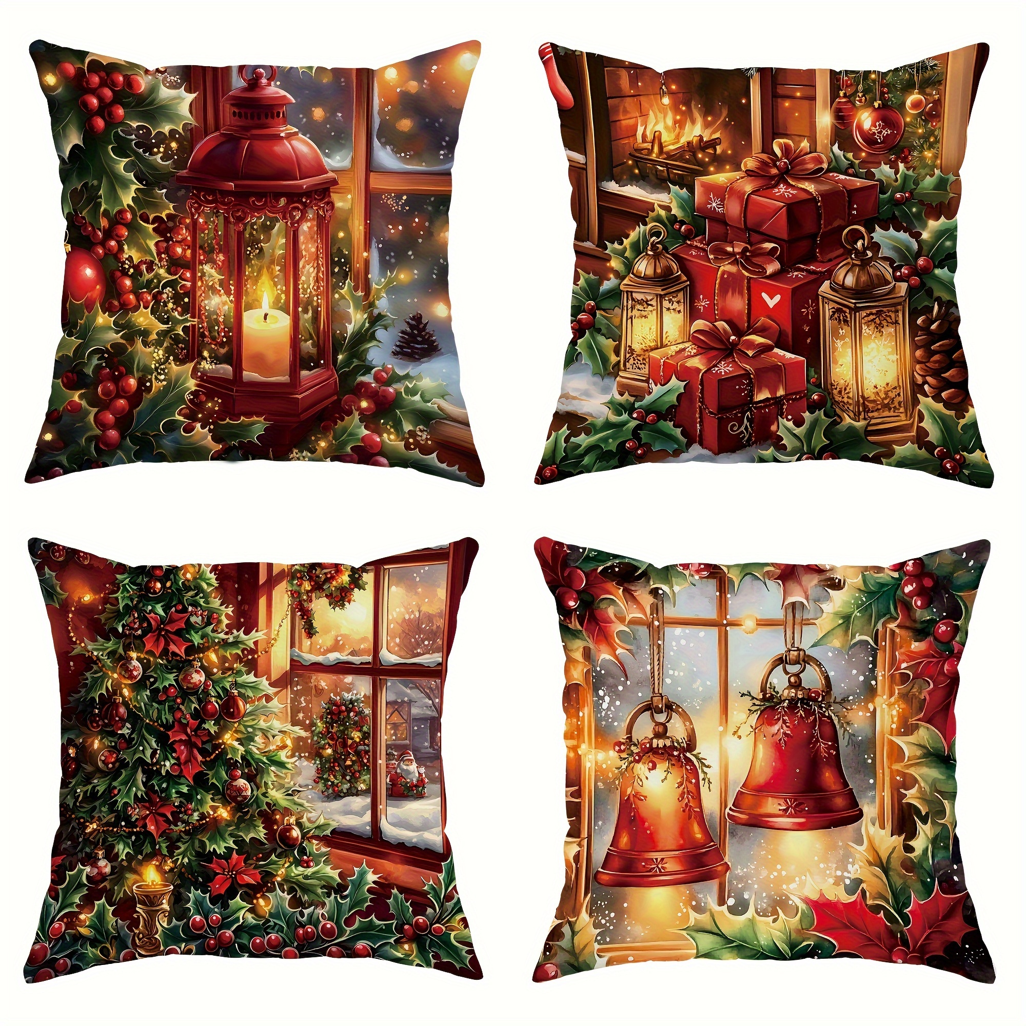 

4-pack Christmas Throw Pillow Covers 18x18 Inches, , Holly & Bells Design, Polyester, Zippered, Machine Washable, Single-sided Print, Contemporary Style, For Living Room & Bedroom Decor - No Inserts