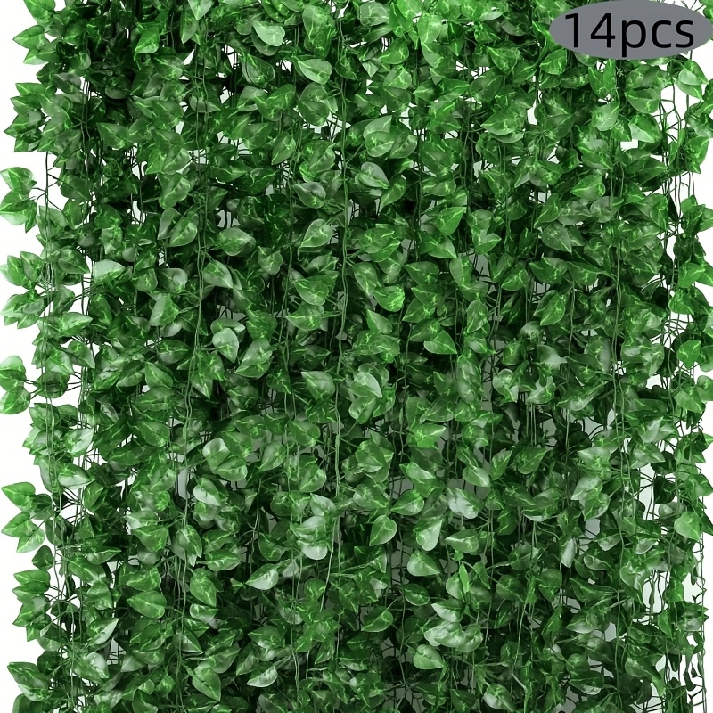 14pcs Set, Artificial Ivy Green Garland, Room And Bedroom Wall Decor Hanging Plant Background, Jungle Theme Party And Wedding Decoration With Green Leaves For Dining Area And Hotel Balcony