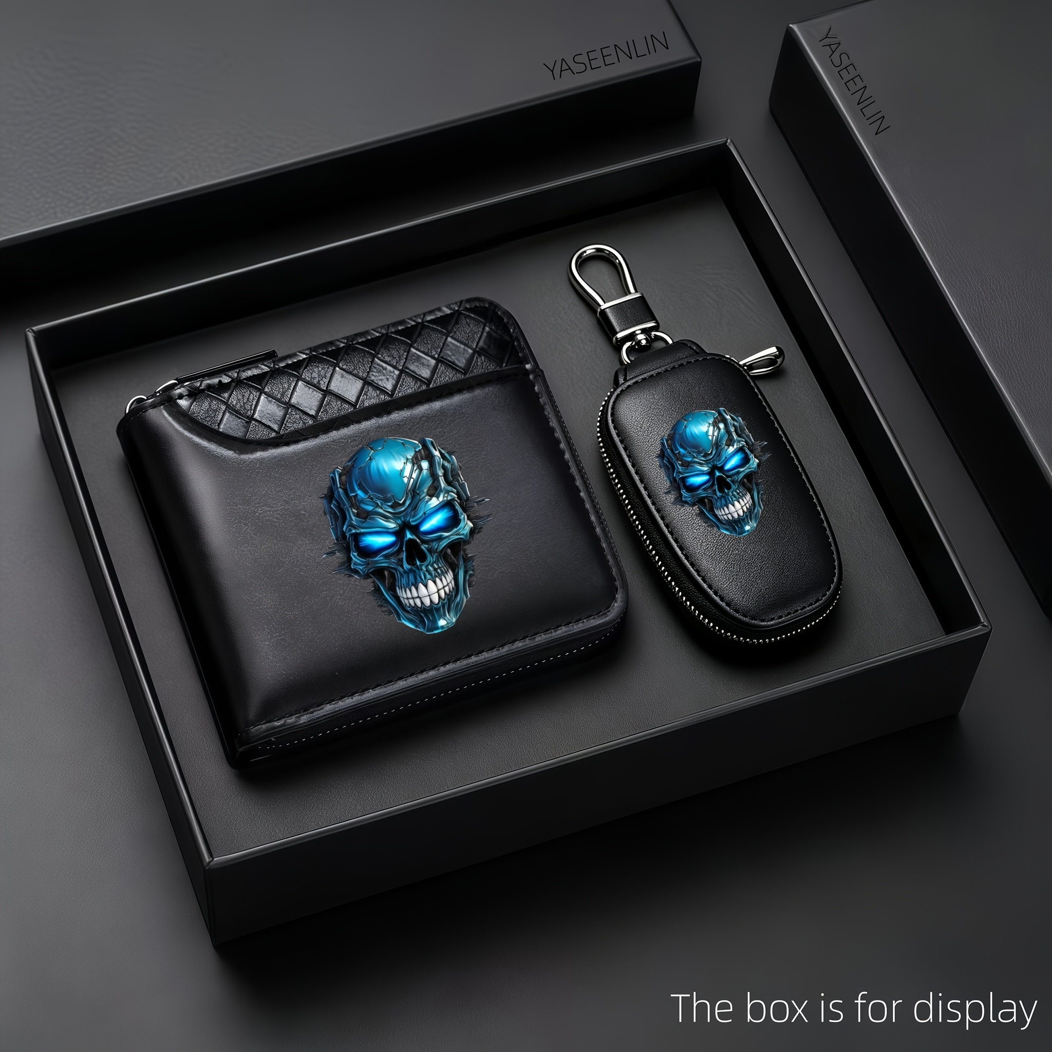 TEMU Yaseenlin 1pc/2pcs High-end Men' Wallet With Blue Heavy Metal Skull Print - With A Car Key Pouch - Black Crocodile Textured Synthetic, Multiple