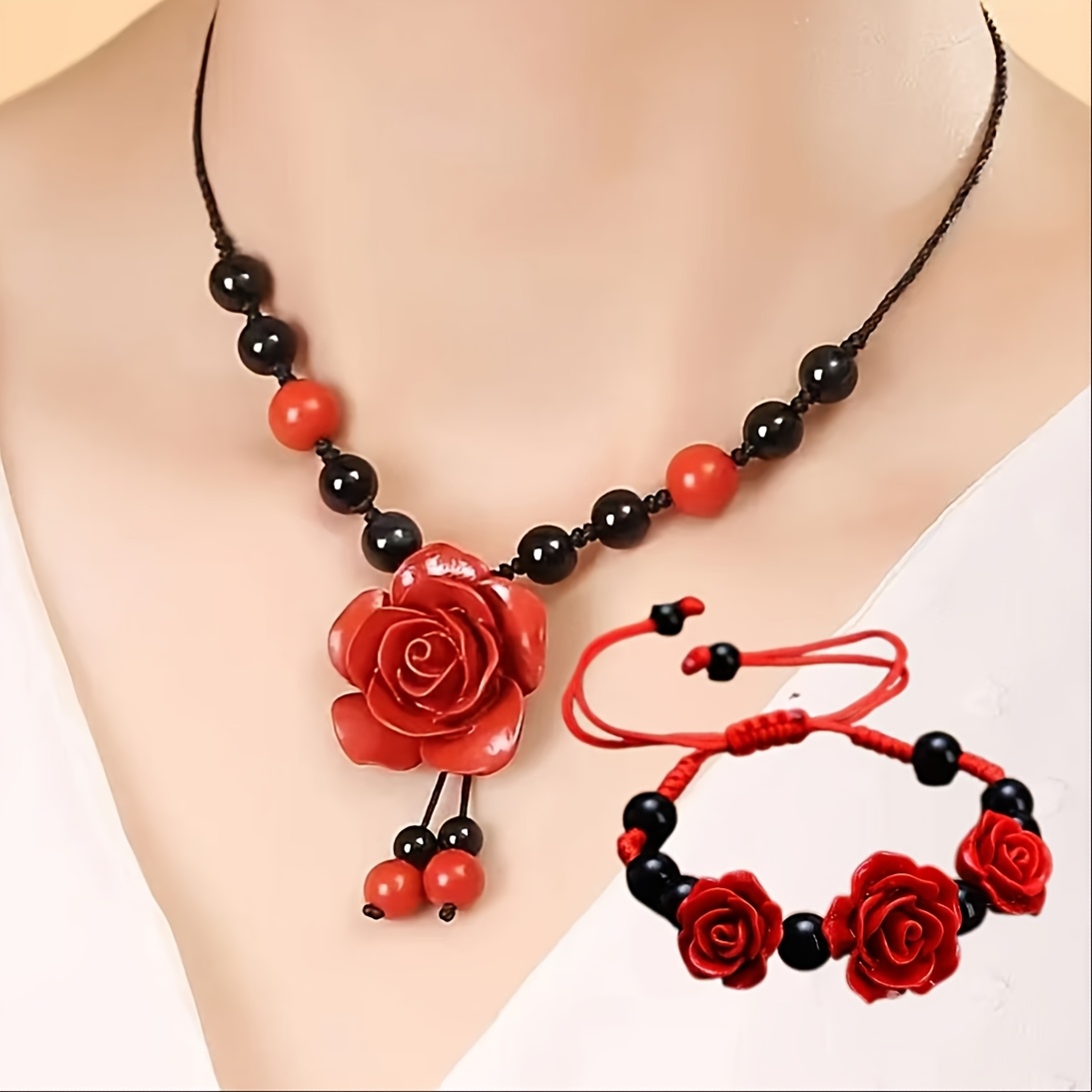 2pcs Vintage Resin Rose Pendant Necklace Set, Including A Necklace And A Bracelet, Elegant Red , Adjustable Size, Mother's Day And Valentine's Day Gift, Women's Jewelry, Suitable For Party Gifts