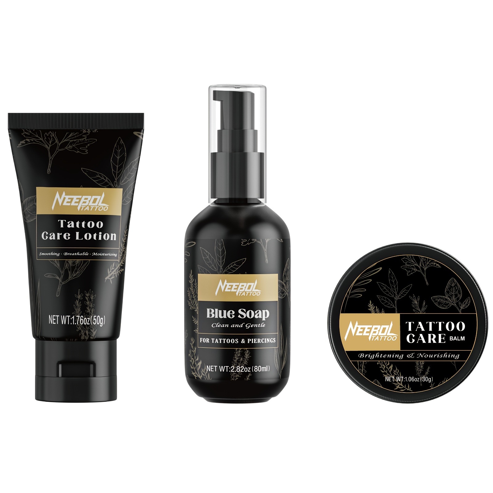 TEMU Kit de tatouage Neebol 3 pièces comprenant baume de tatouage, lotion et savon, nettoyant pour tatouage, intensité des couleurs, hydrate et
