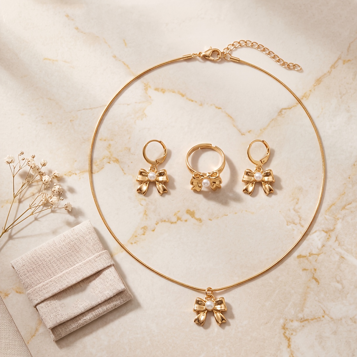 Bow-Shaped Earrings, Necklace, and Ring Jewelry Set, 3pcs