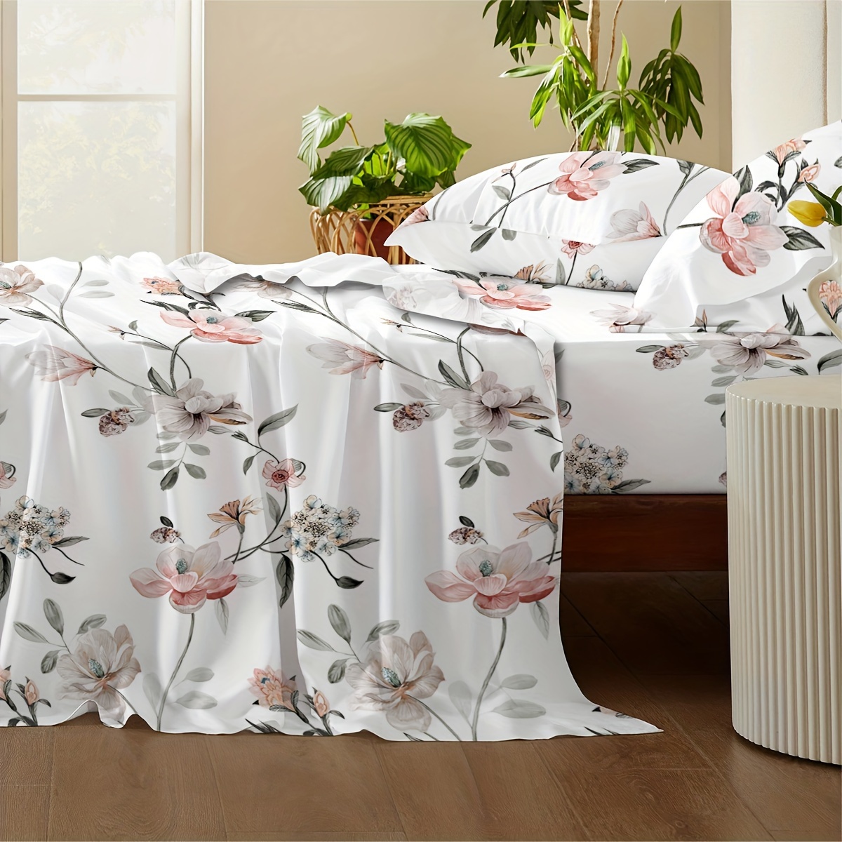 TEMU 3/4pcs Soft Bed Sheet Set, Includes Fitted Sheet And Pillowcases, Suitable For Queen, King, Standard Double, And Twin Bed Sizes, Floral Pattern