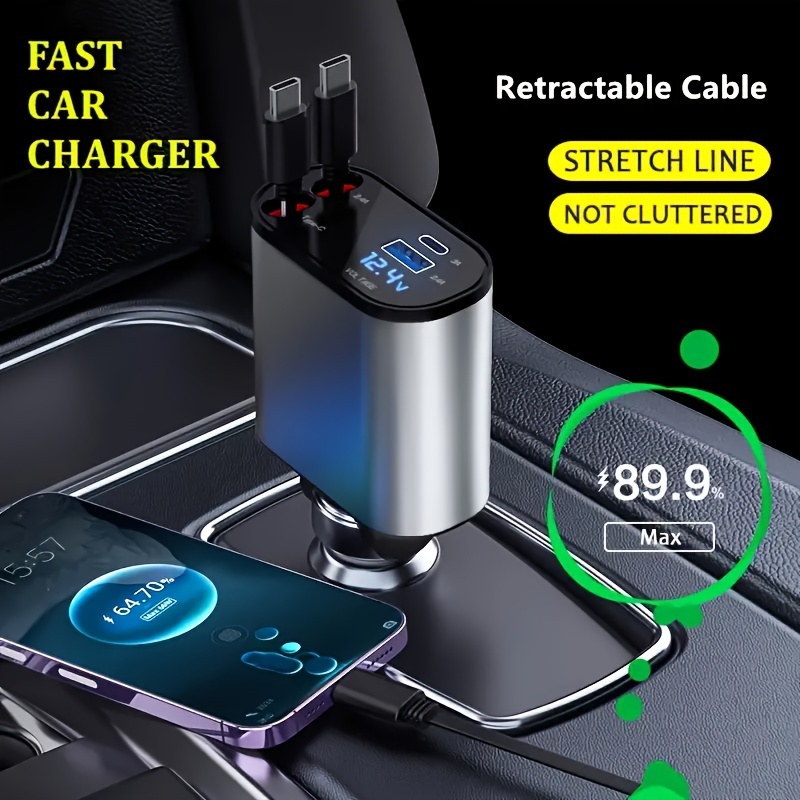 

Retractable , 4-in-1 Fast Car Phone Charger, Retractable Cable And 2 Usb Port Adapter For Android Phones, Auto Accessories Interior