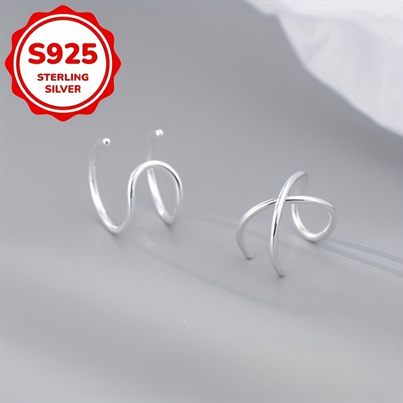 Women's S925 Silver C-Shaped Double-Line Cross Clip Earrings