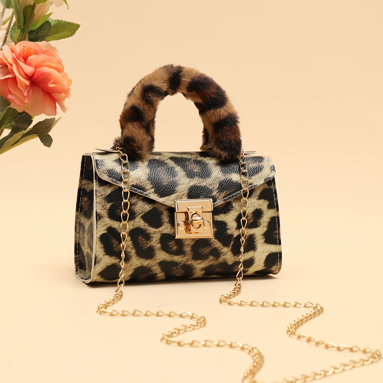 

1pc Chic Leather Animal Print Crossbody Bag With Soft Fur Handle, Lightweight Chain Strap, , Lock Closure, Unlined, Removable Shoulder Strap, Women' Handbag