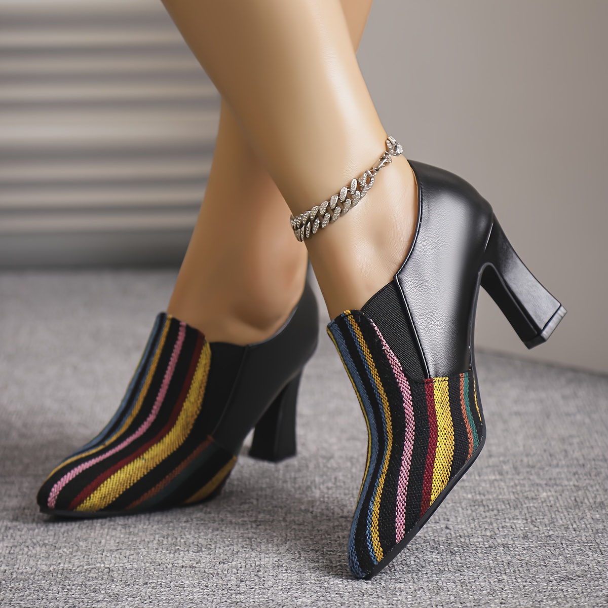 Women's Retro Chunky High Heel Mary Jane Shoes - Pointed Toe with Multicolor Striped (Rainbow/Black) Faux Cover Upper, Comfortable Block Heel & TPU Sole, All-Season Versatile Dress Shoes for Casual & Formal Events