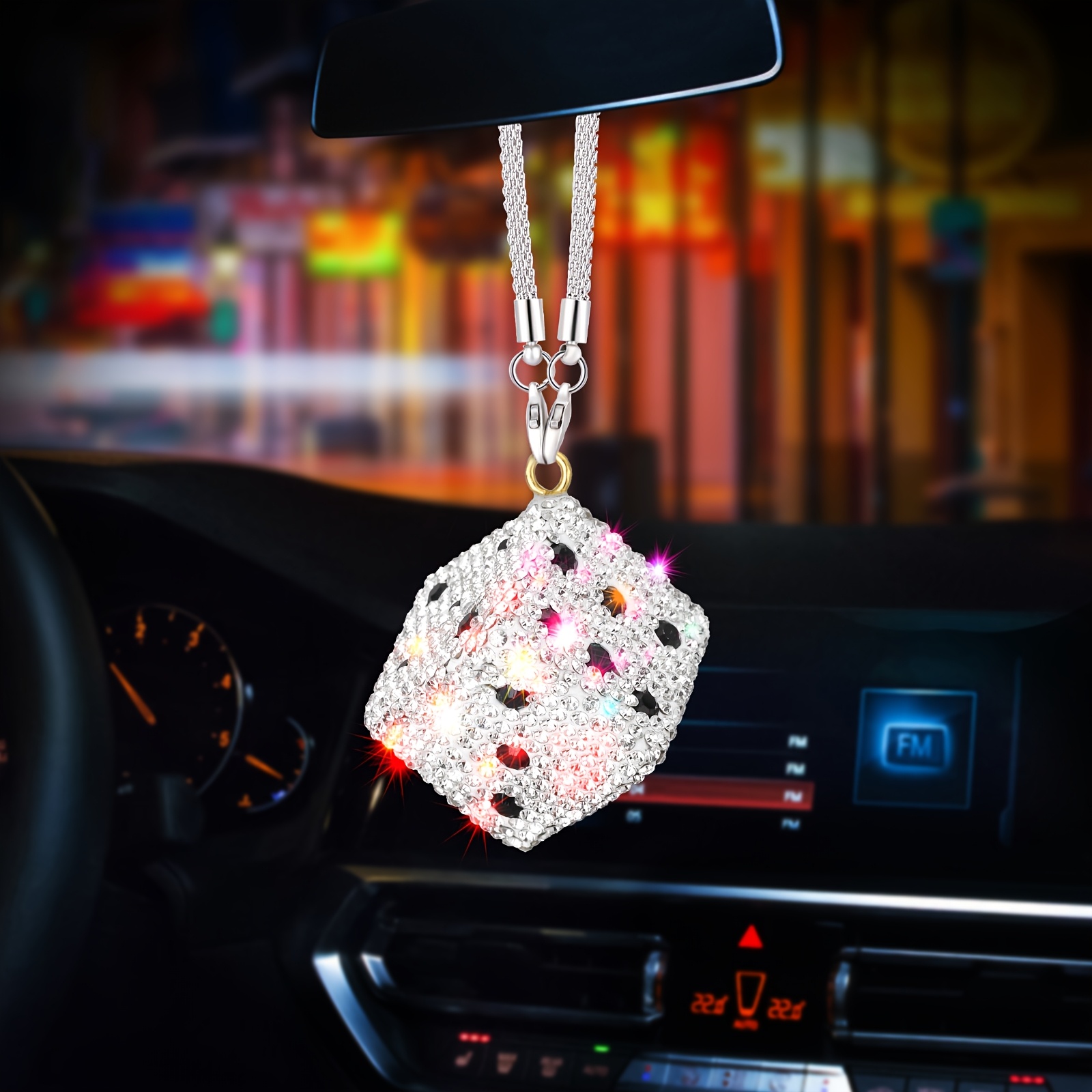 

1pc Sparkling Rhinestone Dice Car Rearview Mirror Pendant, Stainless Steel, Charm Auto Accessory, Vehicle Decoration