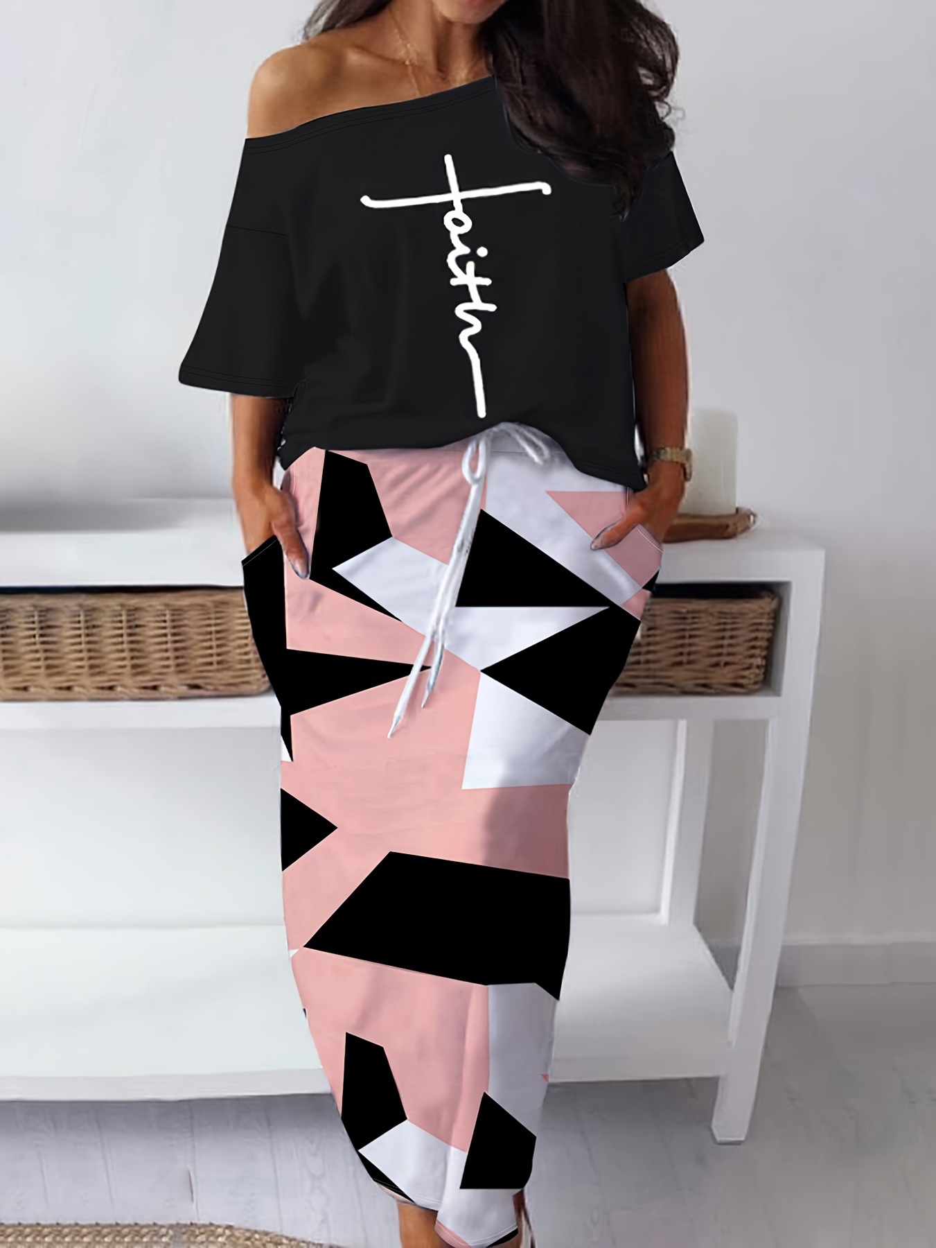 Plus Size Casual Outfits Set Women's Plus Cross Letter Print - Temu