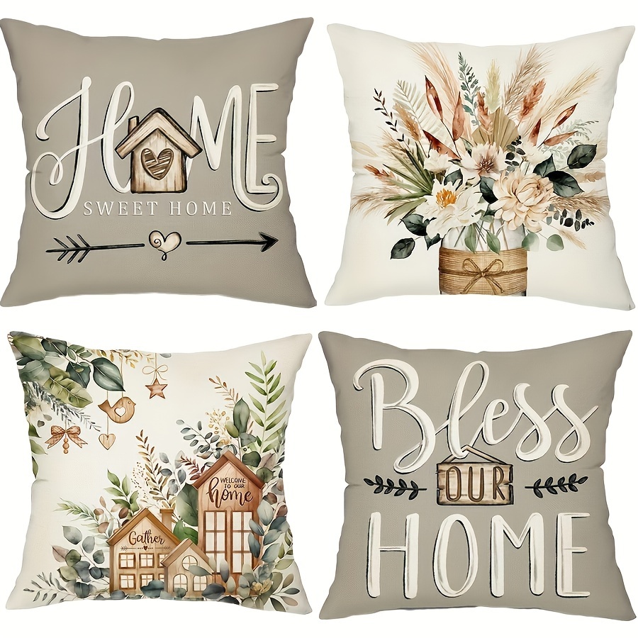 

Rustic Farmhouse Throw Pillow Covers Set Of 4, Country-style Polyester Cushion Cases 18x18 For Sofa And Home Decor, Machine Washable With Hidden Zipper Closure, Floral And Home Sweet Home Design