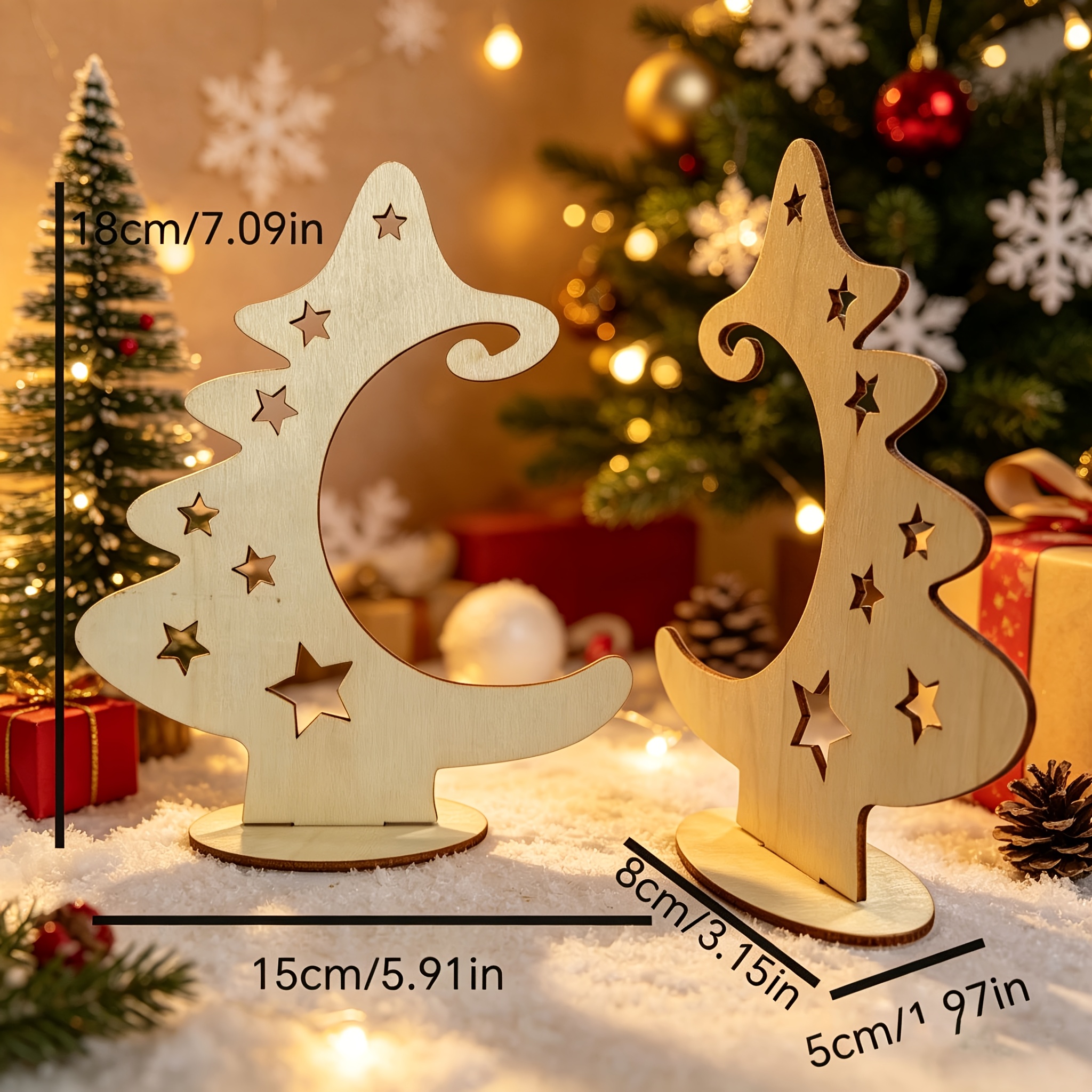 TEMU Paquete de 2 árboles de Navidad planos 2D con base hueca, adornos de madera, forma de estrella hueca, combinación de decoración, estilo navideño