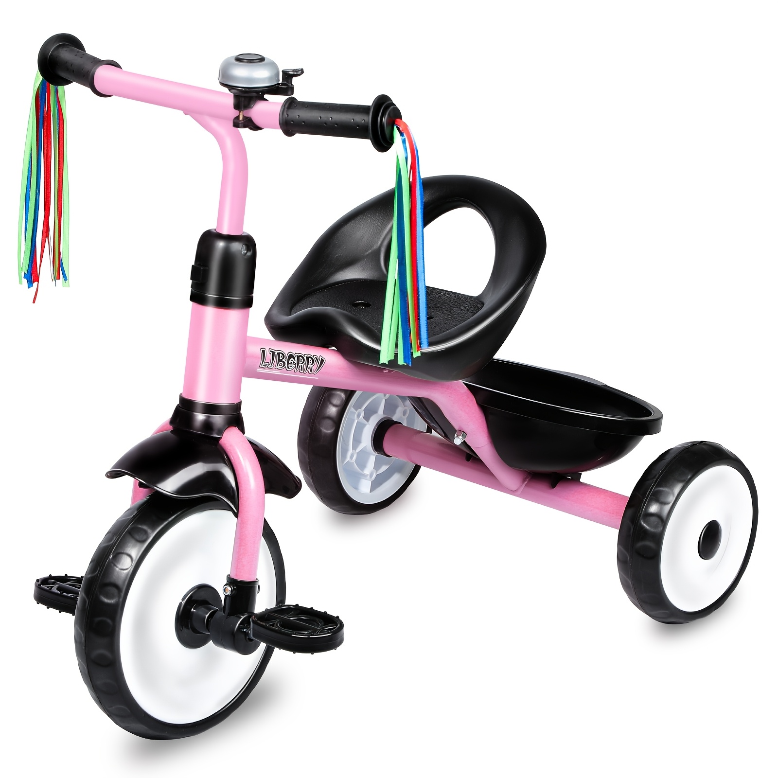 TEMU 1pc Gizmobox Kids Tricycle - Unisex Bike , Back Basket, Removable Pedals, Stable Triangular Frame, Handle, Carbon Steel, Lightweight Design, Pink - Ideal Gift For Old