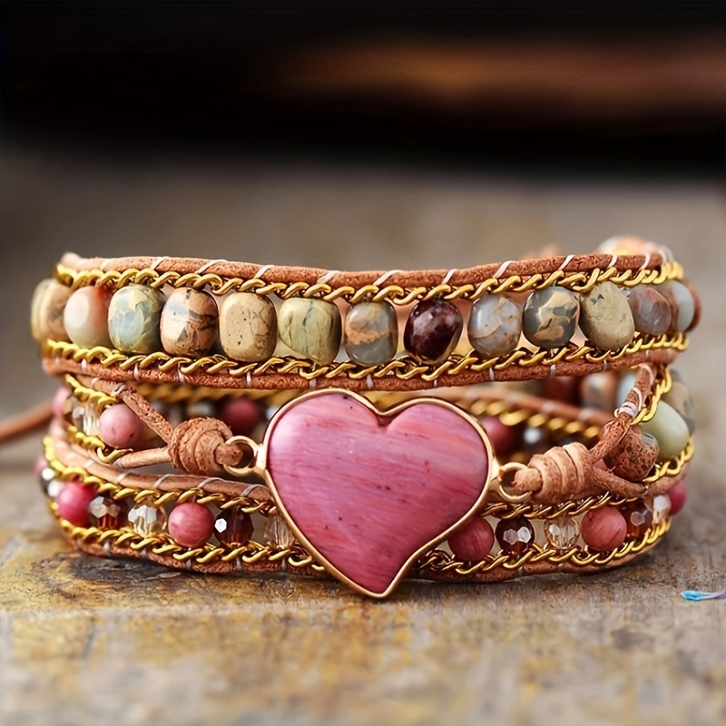 

Bracelet Tendance En Forme De Cœur En Pierre De Rhodonite, Tissé À La Main Avec Une Chaîne En Cuir PU À 3 Couches Pour Femmes