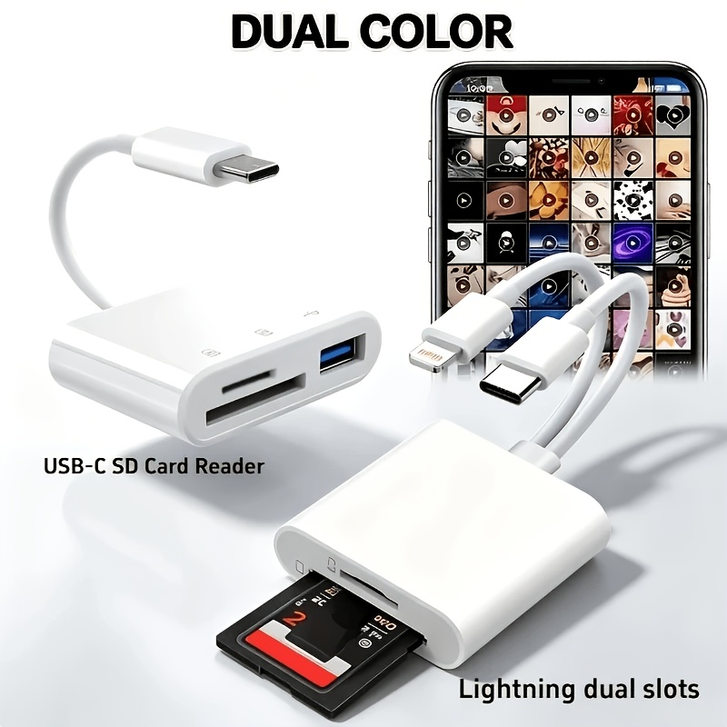 TEMU Adaptador de tarjetas SD/TF con conectores duales Lightning y USB-C, USB, para iPhone, iPad, smartphone , cámara, de tarjetas de memoria para