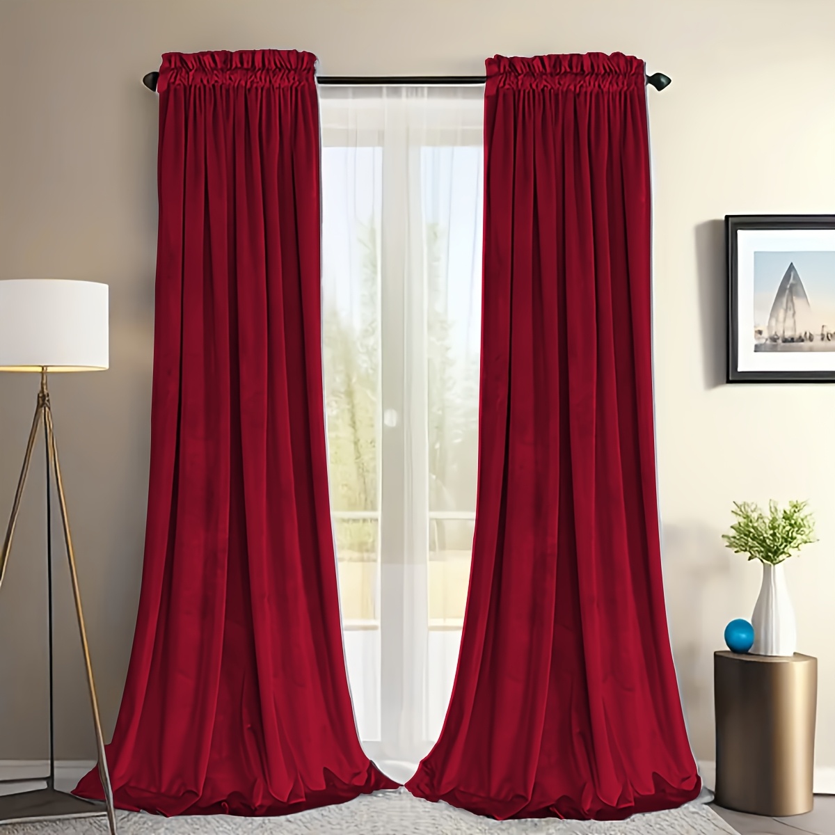 TEMU 1pc/Set, Rideaux occultants en velours rouge foncé tendance et populaires, rideaux de porte, ourlet à passant, faciles à accrocher, tissu en