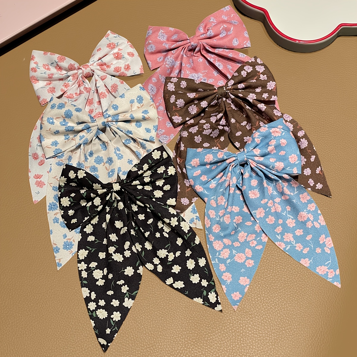 TEMU 6pcs Floral Ribbon Large Bow Hair Clip Set With Long Tail Streamer Bows, Cute Hair Accessories For Women, Girly And Gentle , Large Bow + Floral