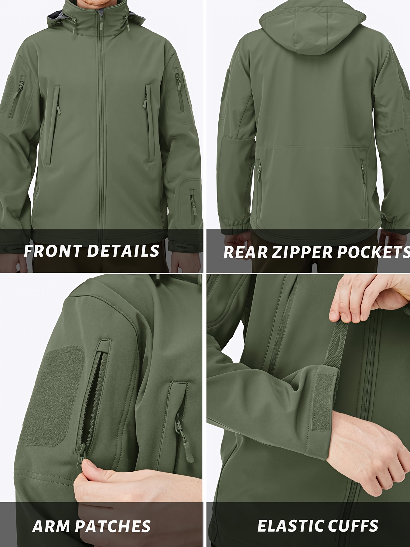 Men's Softshell Jacket, Polyester 90.00% Spandex 10.00%, Lightweight Windproof Fleece Lined Winter Coat with Multi-Pockets, Detachable & Concealed Hood, Elastic Wrist Cuffs for Hiking Camping Hunting Fishing