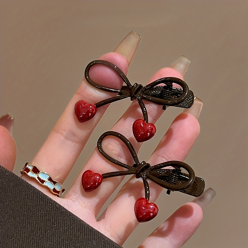 E-shop 2er-Pack Haarspangen mit Schleife für Damen, Kaffeebraun Herzrand Seitenpony Spange 2025 Neue Hochwertige Frisur