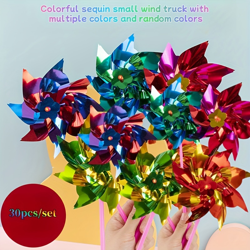 

30pcs Rainbow Sequin Mini Windmill Set - , Waterproof & Sun-resistant For Garden Decor And Party Favors (diy Required)