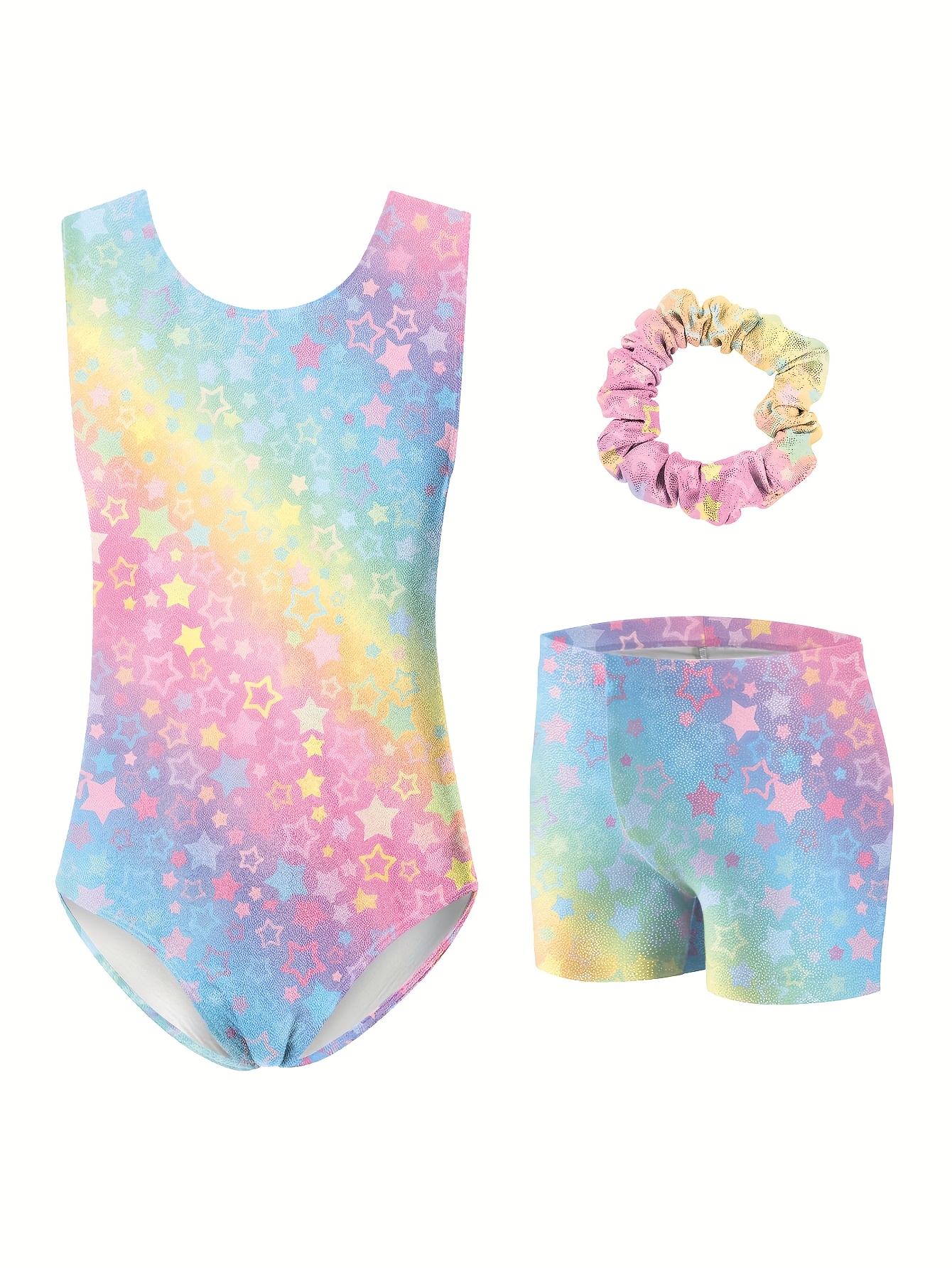 girls sleeveless   cut starry sky pattern shiny silvery hot   gymnastics bodysuit headband and shorts 3pcs set athletic tight wearing training outfit practice wear   outdoor