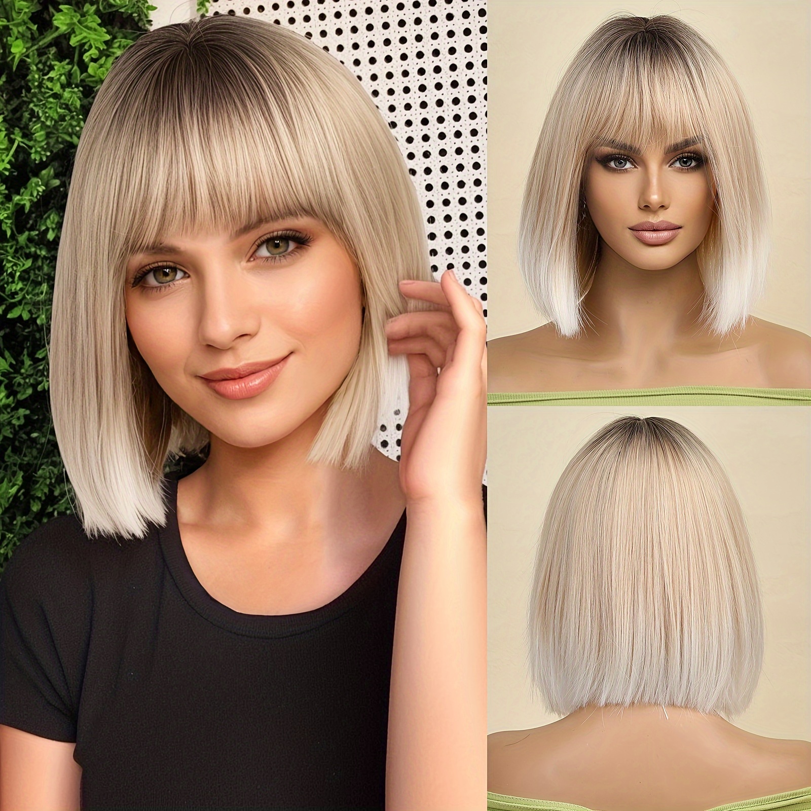 

Ombre Dark Root Blonde Wig With Bangs - Short Bob Style For Women - Natural Looking And Comfortable