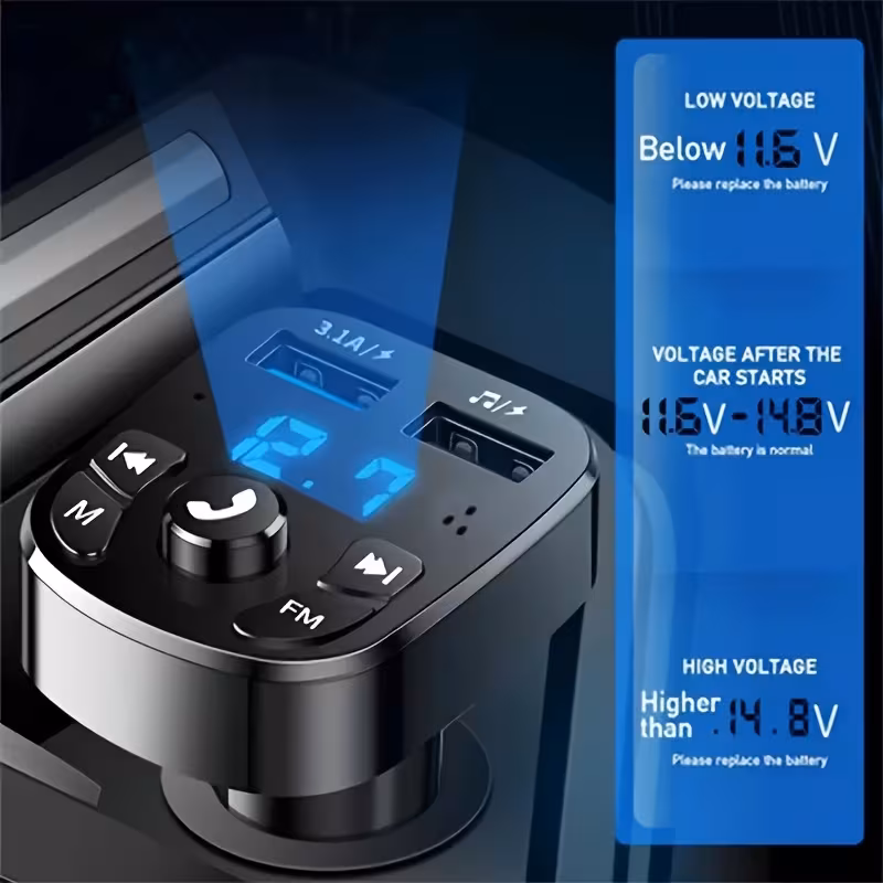 mp3 плејер за автомобил, тип c usb-c брзо полнење, двоен usb авто полнач, рачно-слободна опрема за автомобил, безжичен fm преносувач, fm модулатор, авто приклучок, ≤36v напон на работа, без батерија, со безжична функција Детали за производот 1