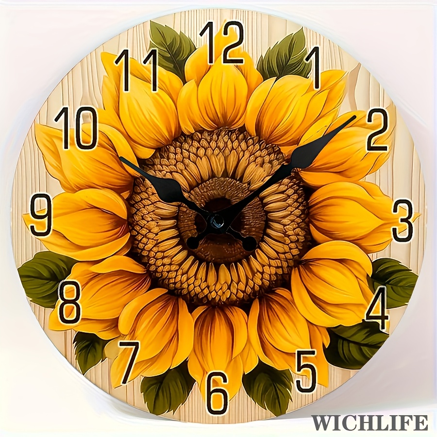 

1pc Silent Sunflower Wall Clock, Round Wooden Digital Display, Flower Theme, Flat Crown, Battery Operated (aa Not Included), Quiet For Bedroom And Living Room Decor