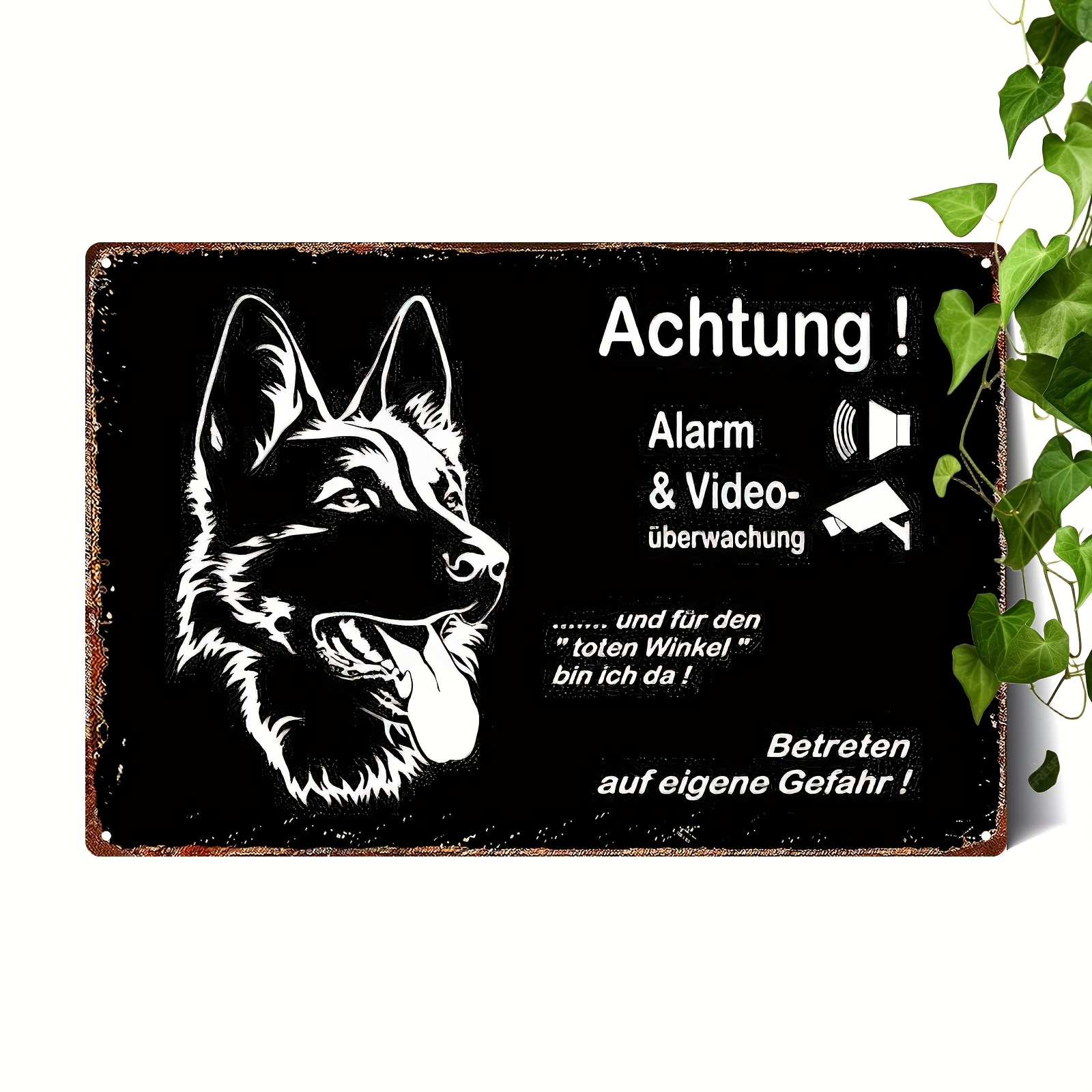 E-shop 2D Flach, 1 Stück Deutscher Schäferhund Metall Wandkunstschild - Vintage Sicherheitssystem Dekor mit Alarm & CCTV Symbolen, Deutscher Text &