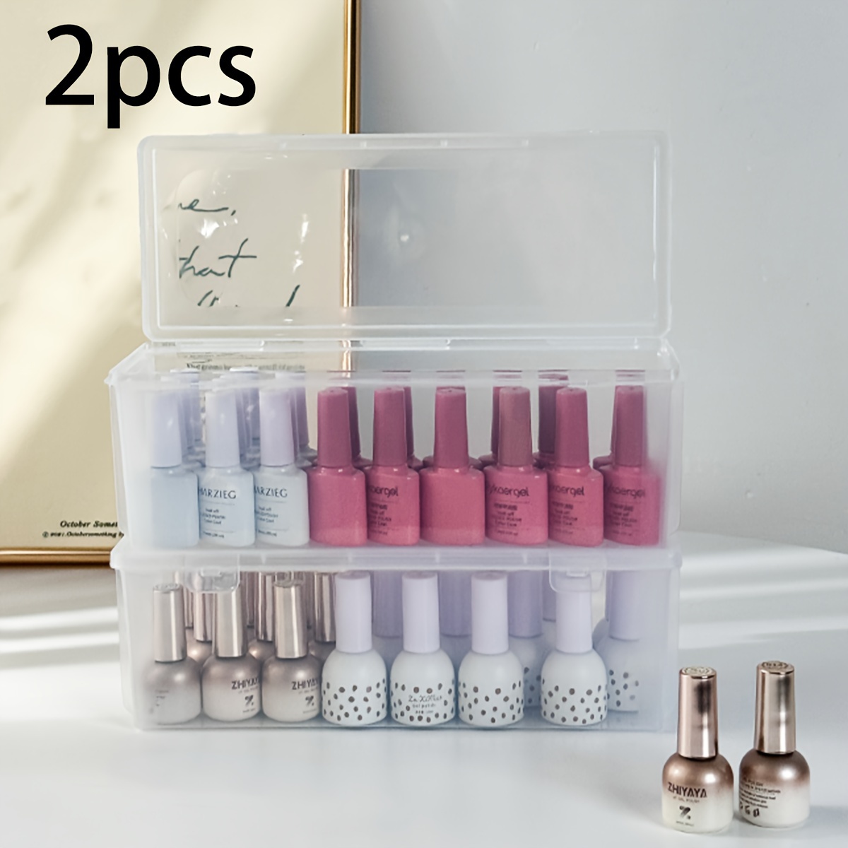 TEMU 2pcs Clear Plastic Makeup Organizer - Nail Polish & Lipstick Storage Box With , Portable Cosmetic Holder For Desk