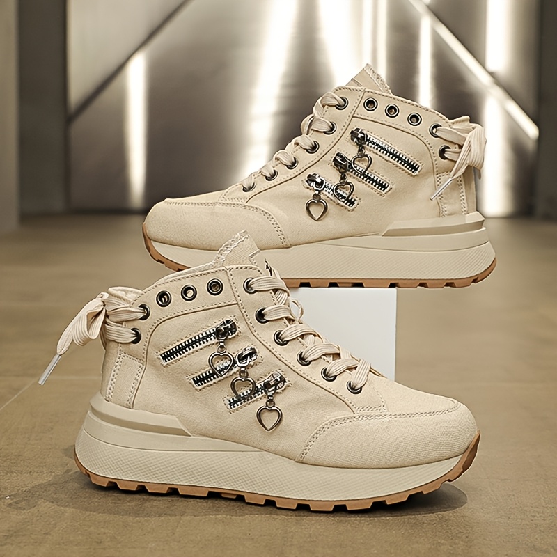 TEMU Lyku Women's High-top Platform Sneakers Suitable For Height Increase, Plus Size Lace-up Sneakers With Thick Sole & Arch, Lightweight Sole For