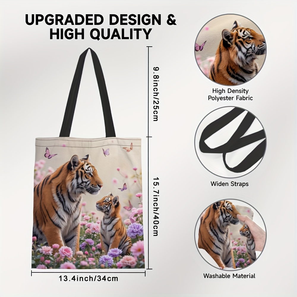 TEMU 1pc Tiger & Print Tote Bag - Durable Polyester Book-themed Gift Bag Suitable For , Multicolor For Shopping,, Everyday Use, Book Lovers Shoulder