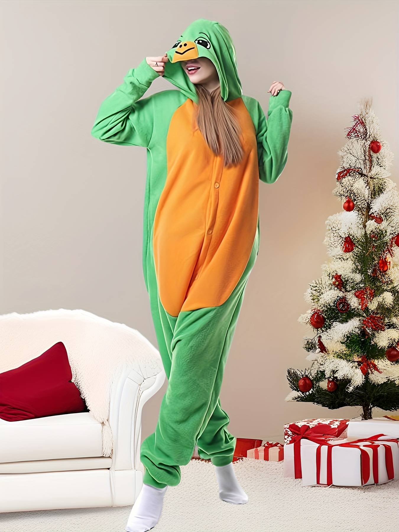 adult fleece christmas onesie crew neck romper Temu