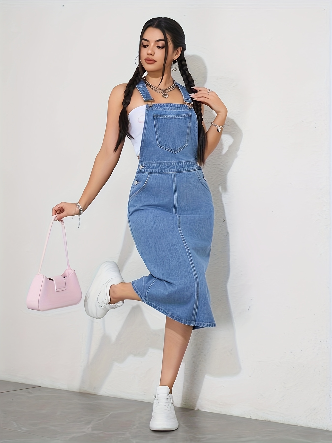 womens denim suspender dress adjustable shoulder straps