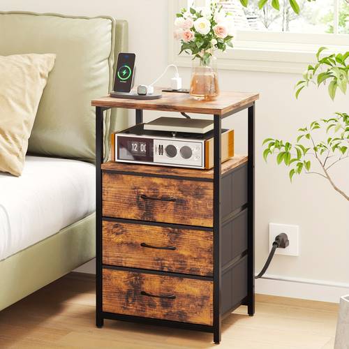 1pc nightstand with charging station drawerstoragenight stand with fabric drawers bedside table for bedroom end table with storage rustic brown and black storage drawer units