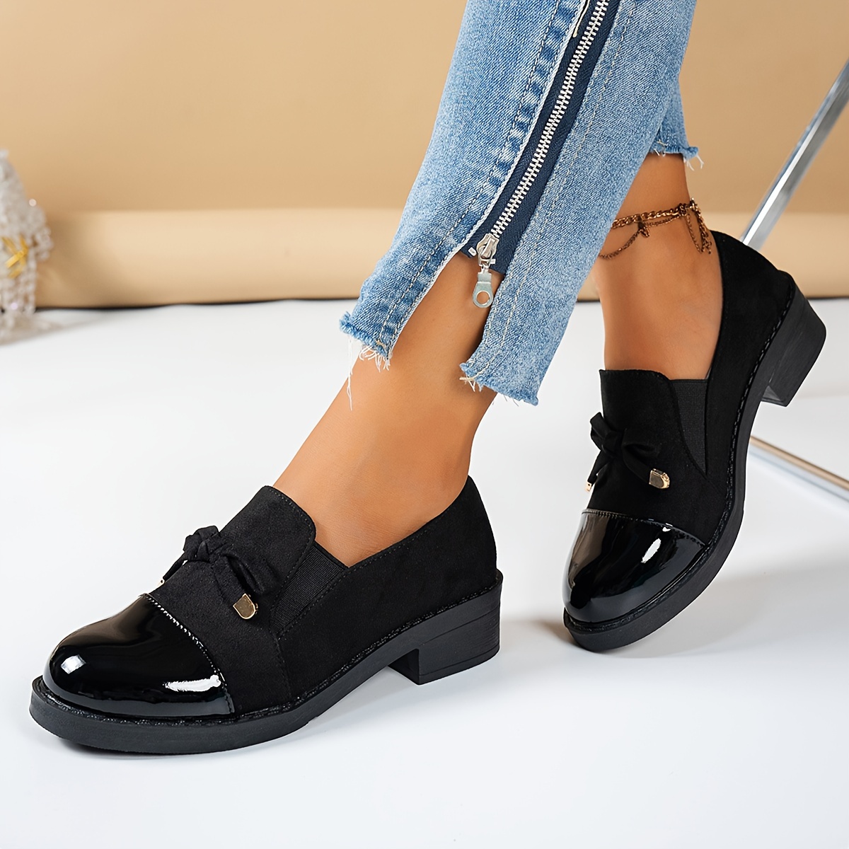 1 pair womens classic penny loafers comfortable slip on   shoes with rubber sole fabric lining and insole   upper round toe solid color bowknot detail for   details 6