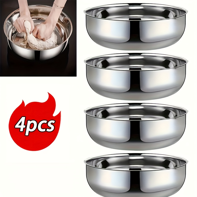 Image of 4pcs Stainless Steel Large Capacity Salad Bowls 31cm, Mixing Bowls, Silvery Shiny Easy To Clean, Suitable For Baking And Dough, Cooking Hot Pot Soup, Washing Vegetables, Etc., Bowls