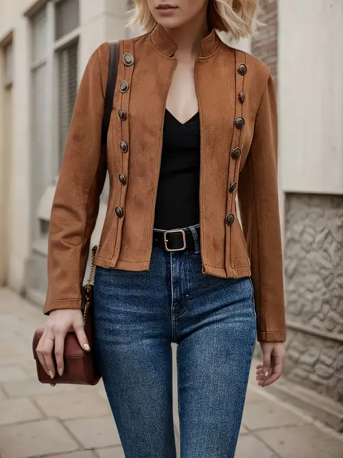 ladies fashion casual solid color double breasted decorative jacket spring and autumn vintage long sleeved coat womens wear