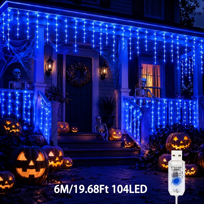 TEMU 194/104led Blue Usb Icicle Lights, Usb Powered Led String Lights, Windows Decor, Halloween Decor, 8 Modes, Ipx4 Hanging Waterfall Fairy Curtain