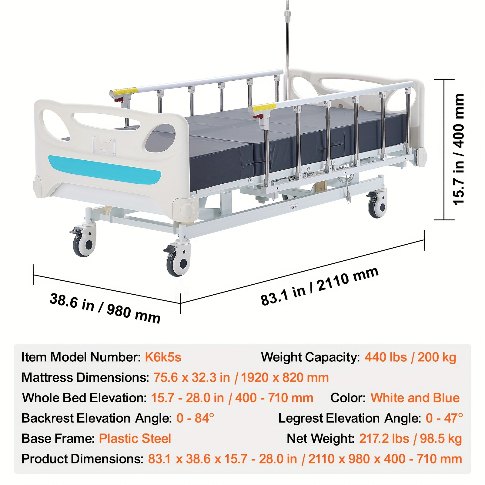 premium 3 function   bed with mattress iv pole handheld controller 5 inch locking casters for home use 440 lbs loading capacity Product details 1
