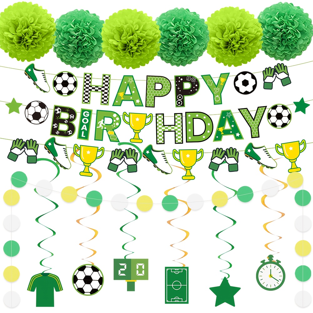 Image of A 16pcs Party Supply Set, Featuring A Soccer-themed Birthday Banner, Round Banners, Paper Pom-poms, And Hanging Swirls, Perfect For Decorating A Soccer Birthday Party