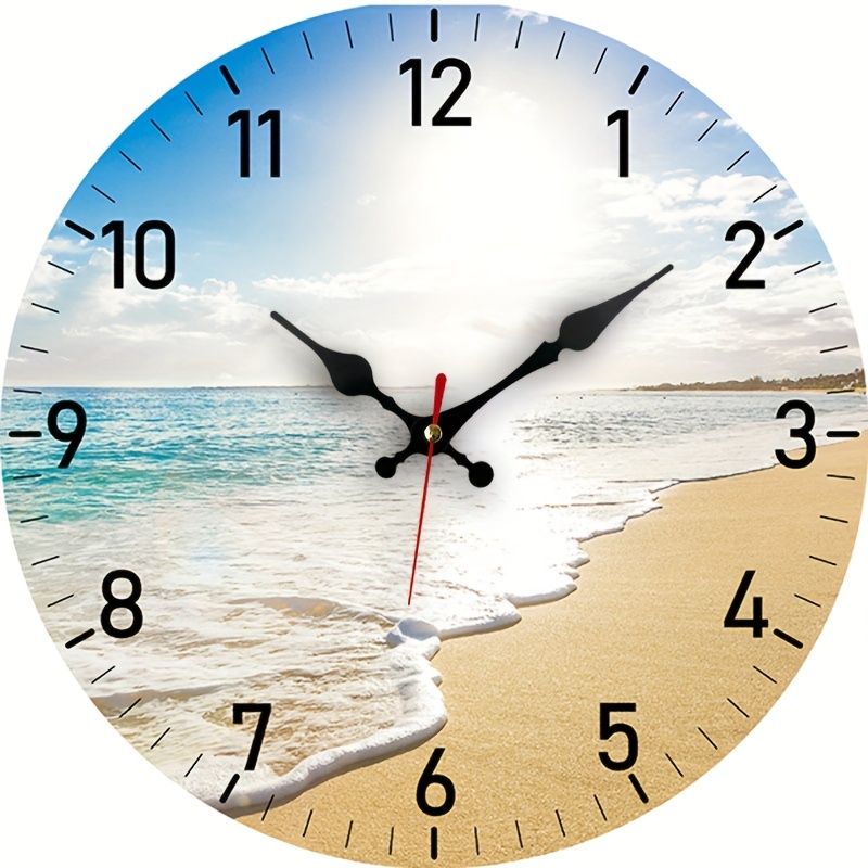 TEMU 1 reloj de pared de diseño de playa silencioso de cuarzo, reloj de madera para dormitorio, , oficina, cocina, decoración de baño, funciona con