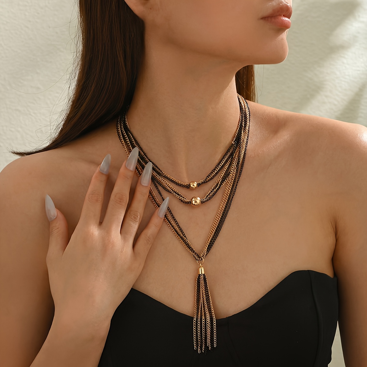 TEMU 1pc Women's Fashion Pendant Necklace Multilayer Color Tassel Pendant Necklace Geometric Bead Embellishment Retro Bohemian Spring And Summer