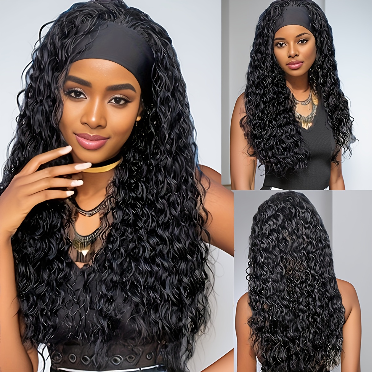 TEMU Band Wig Black Deep Wave 24 Inch Women's Long Wavy Non-glue Synthetic Hair Headband