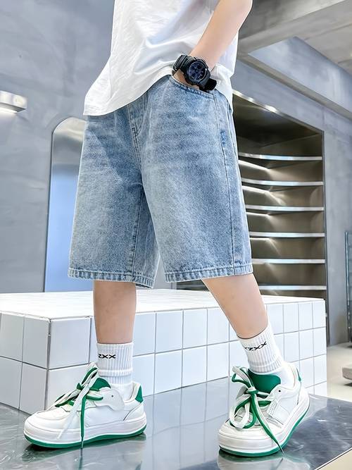 boys denim shorts boys summer loose fit straight leg cropped jeans stylish childrens summer outdoor streetwear loose fit trendy knee length pants all elastic waist summer outdoor shorts back to school essential fashionable and versatile