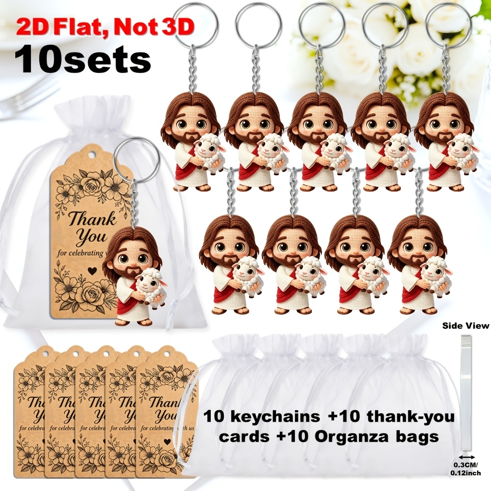 TEMU 2d Flat, Two-dimensional Flat Design, 10 Sets Of Knitted-style Jesus And Lamb Keychains, Including Inspirational Religious Acrylic Pendants,