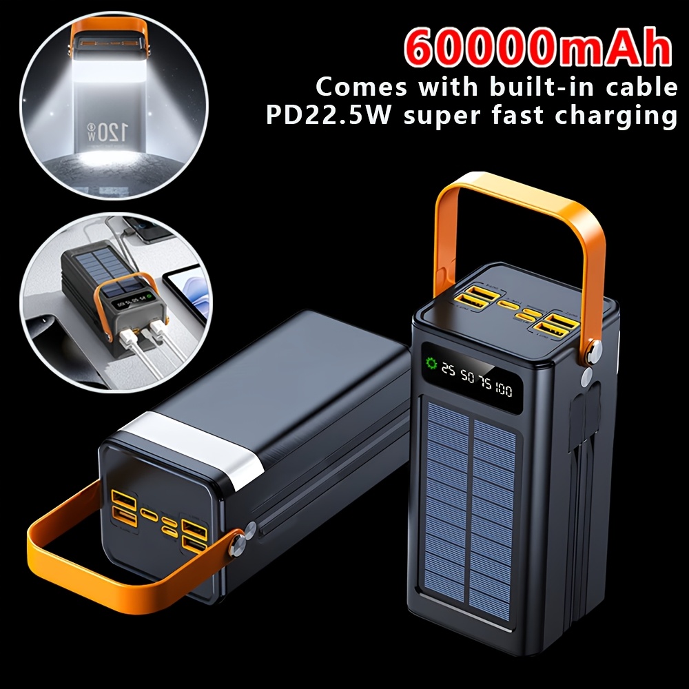TEMU 60000mah Solar Power Bank Mobile Power Supply, Outdoor Travel/camping Emergency Power Supply, Fast Charging .5w With Data Cable/multiple Output