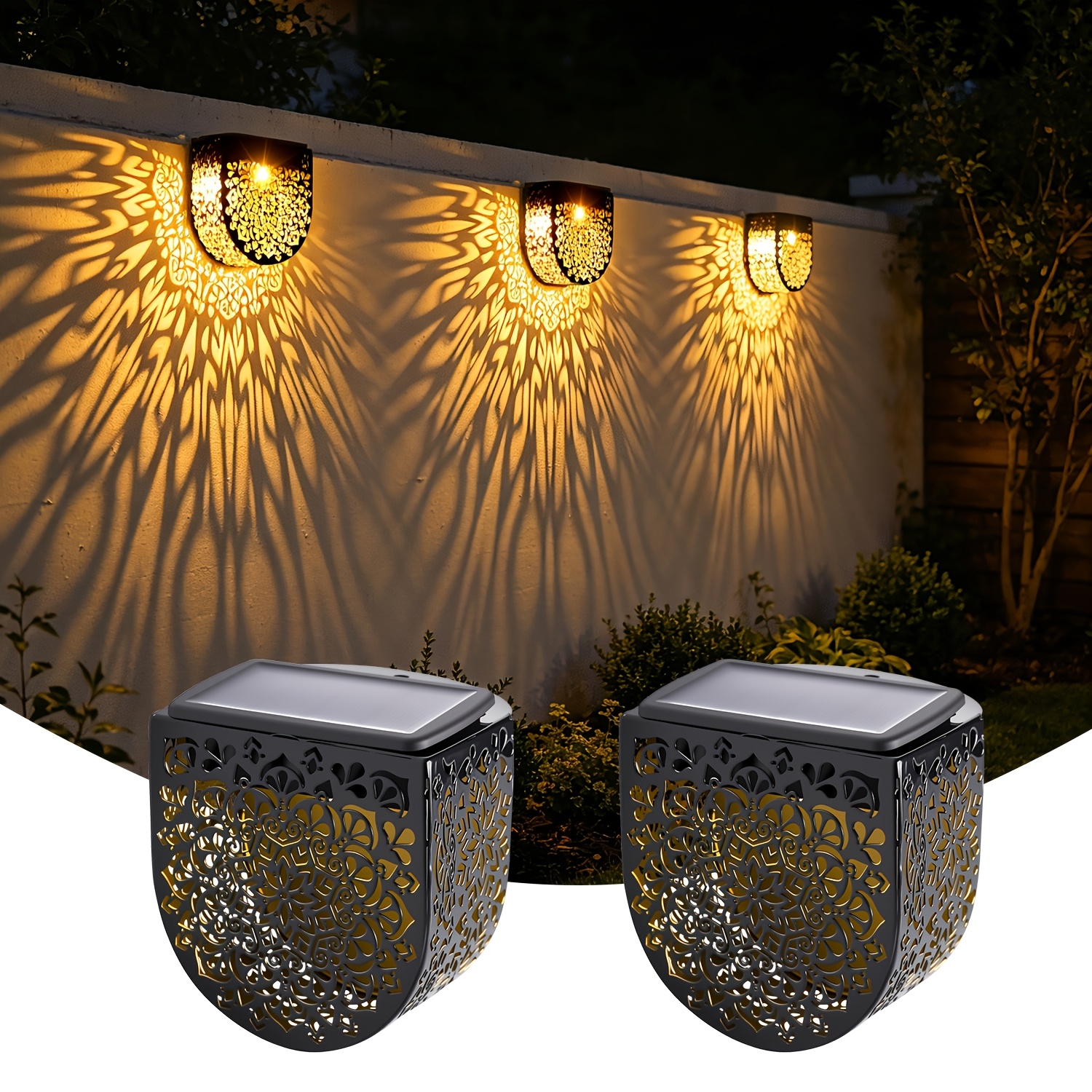 TEMU 4pcs Of Solar Fence Lights - Led Exterior Wall Lights, Ip65 Fence Solar Lights, With A , Warm Light Projection, Automatically Turn On At Night,